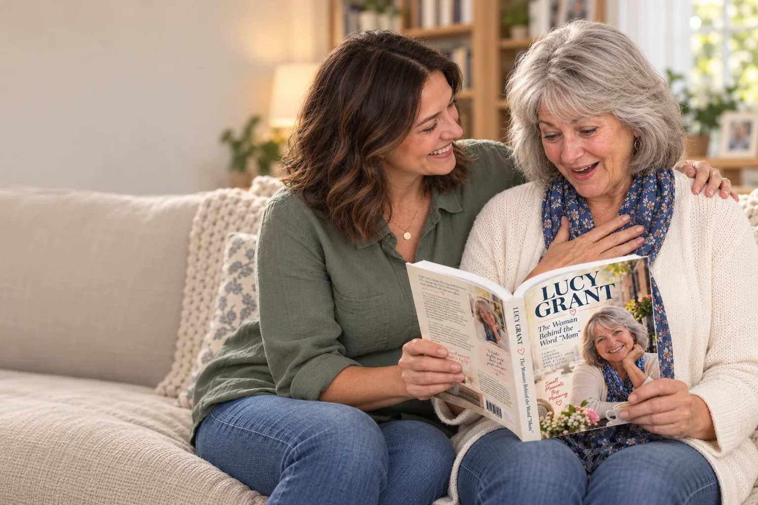 Lucy holds her personalized paperback and shares a joyful embrace with her daughter