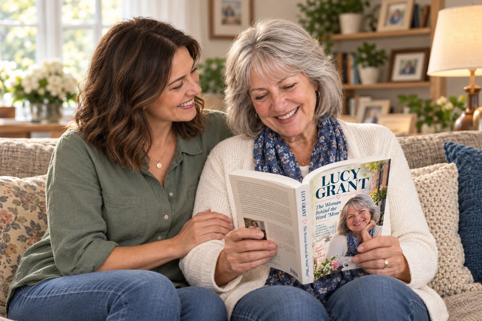 Lucy smiles while reading her personalized biography, with her daughter beside her