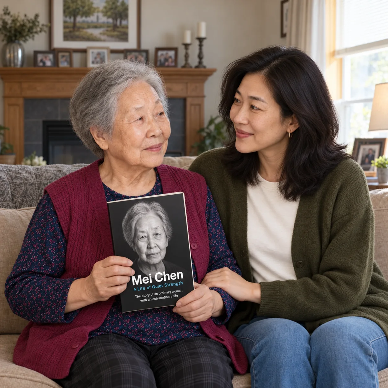 Mei and her granddaughter share a happy moment with her personalized book