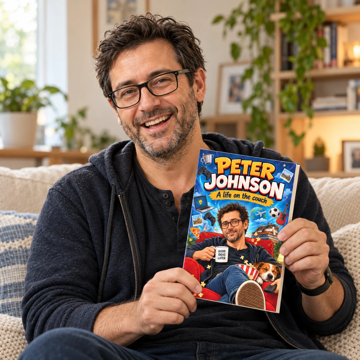 Peter smiles while showing his own personalized biography