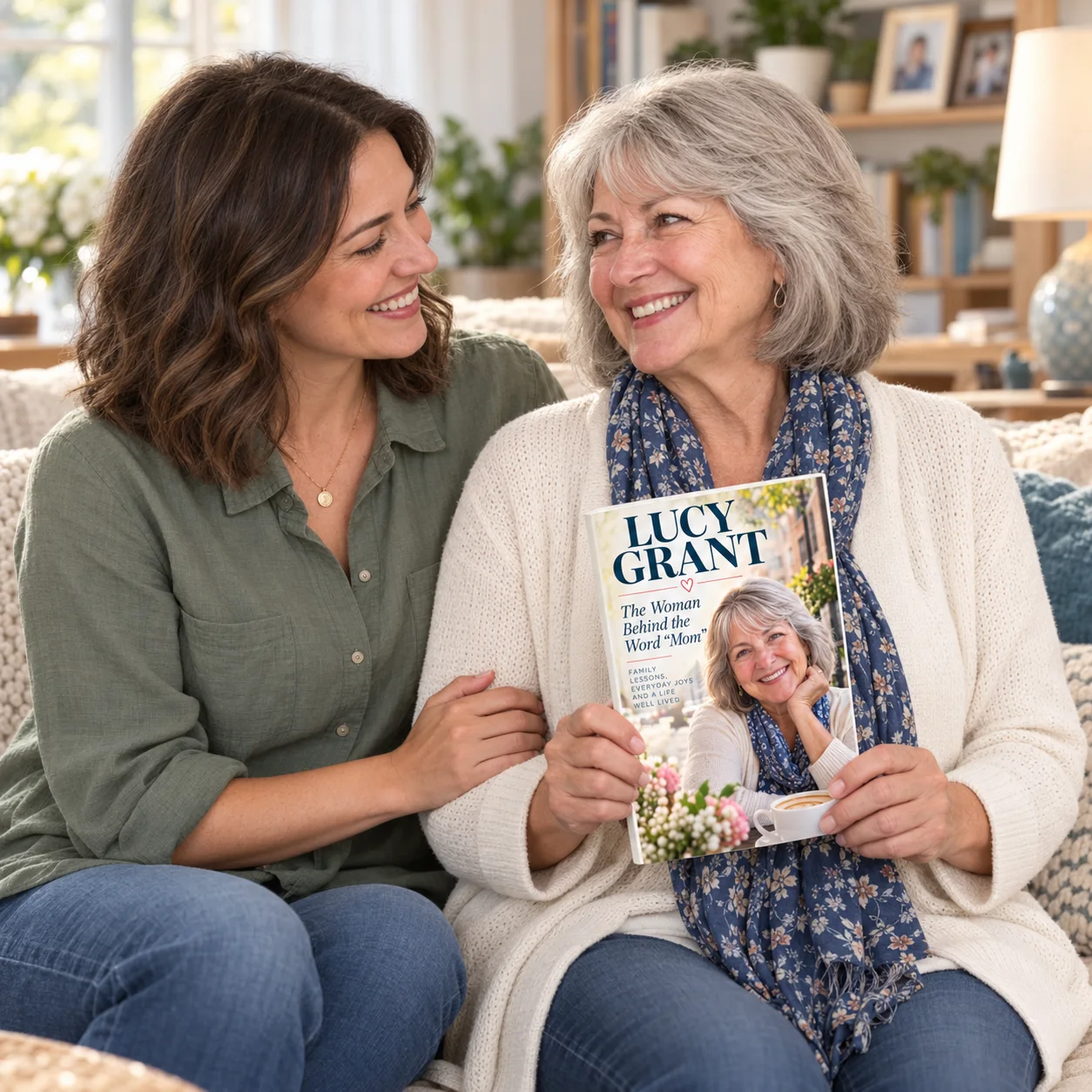 Lucy and her daughter smile as she holds her personalized biography