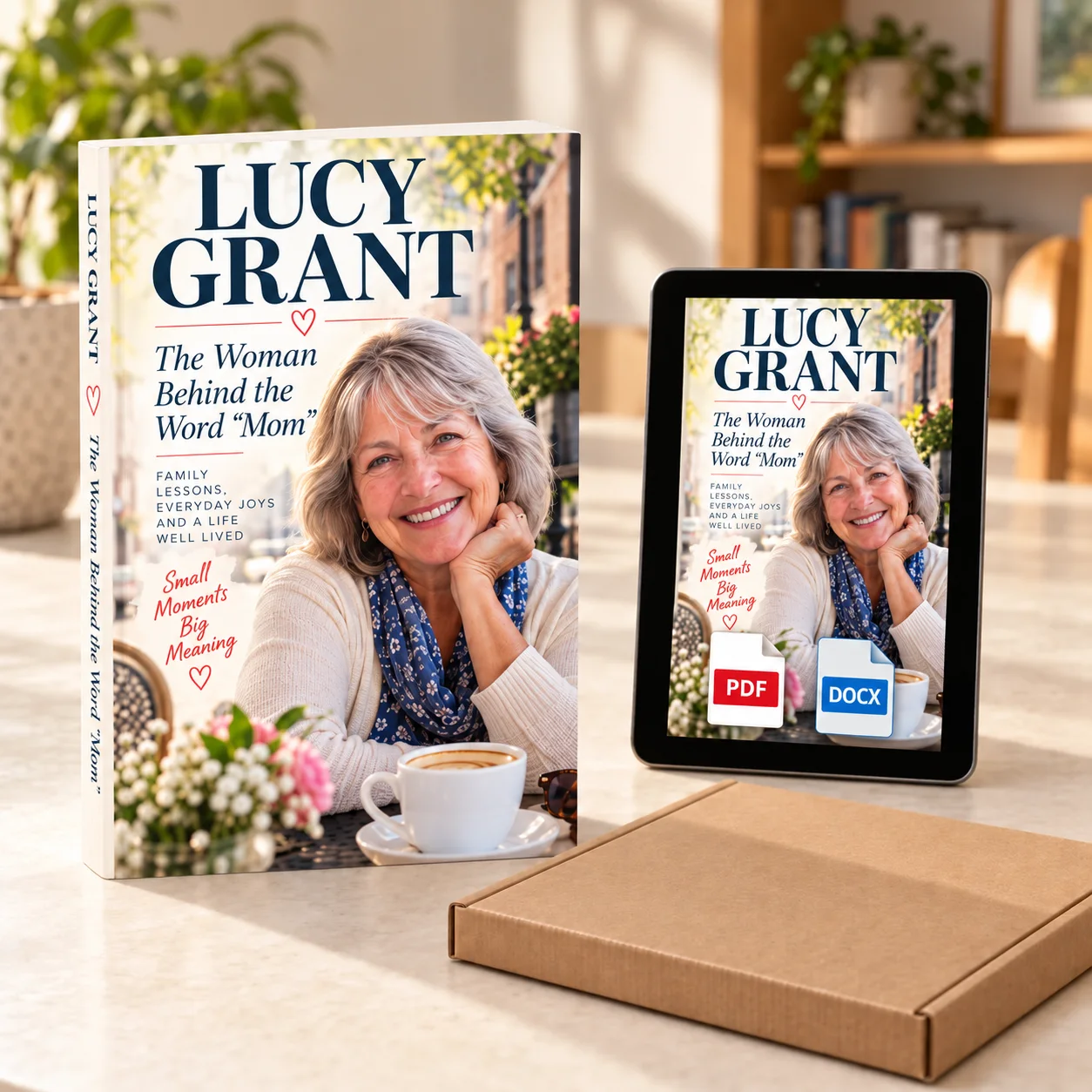 A printed paperback, PDF and DOCX files, and a rigid postal book mailer