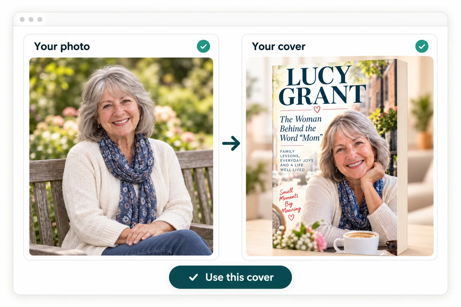 A simple photo-to-cover editor turns Lucy’s photo into her personalized biography cover