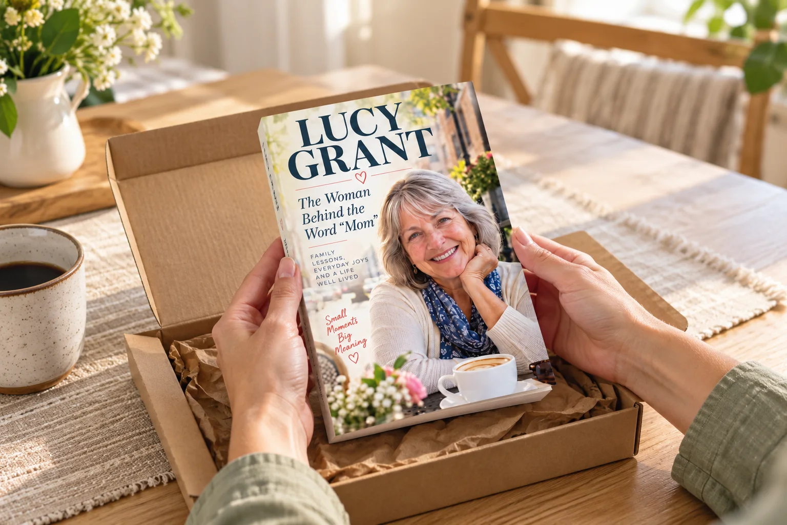 A daughter unpacks Lucy’s printed biography from its rigid postal book mailer